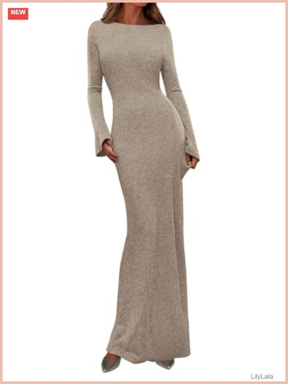 Women's Ribbed Knit Bodycon Maxi Dress Long Bell Sleeve Boat Neck